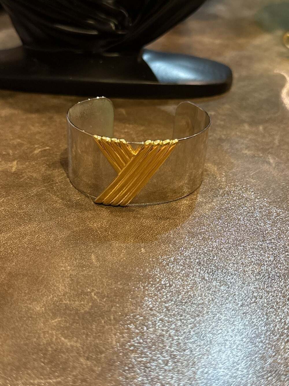 Monet Two-Tone Silver And Gold Wide Cuff Bracelet Vintage